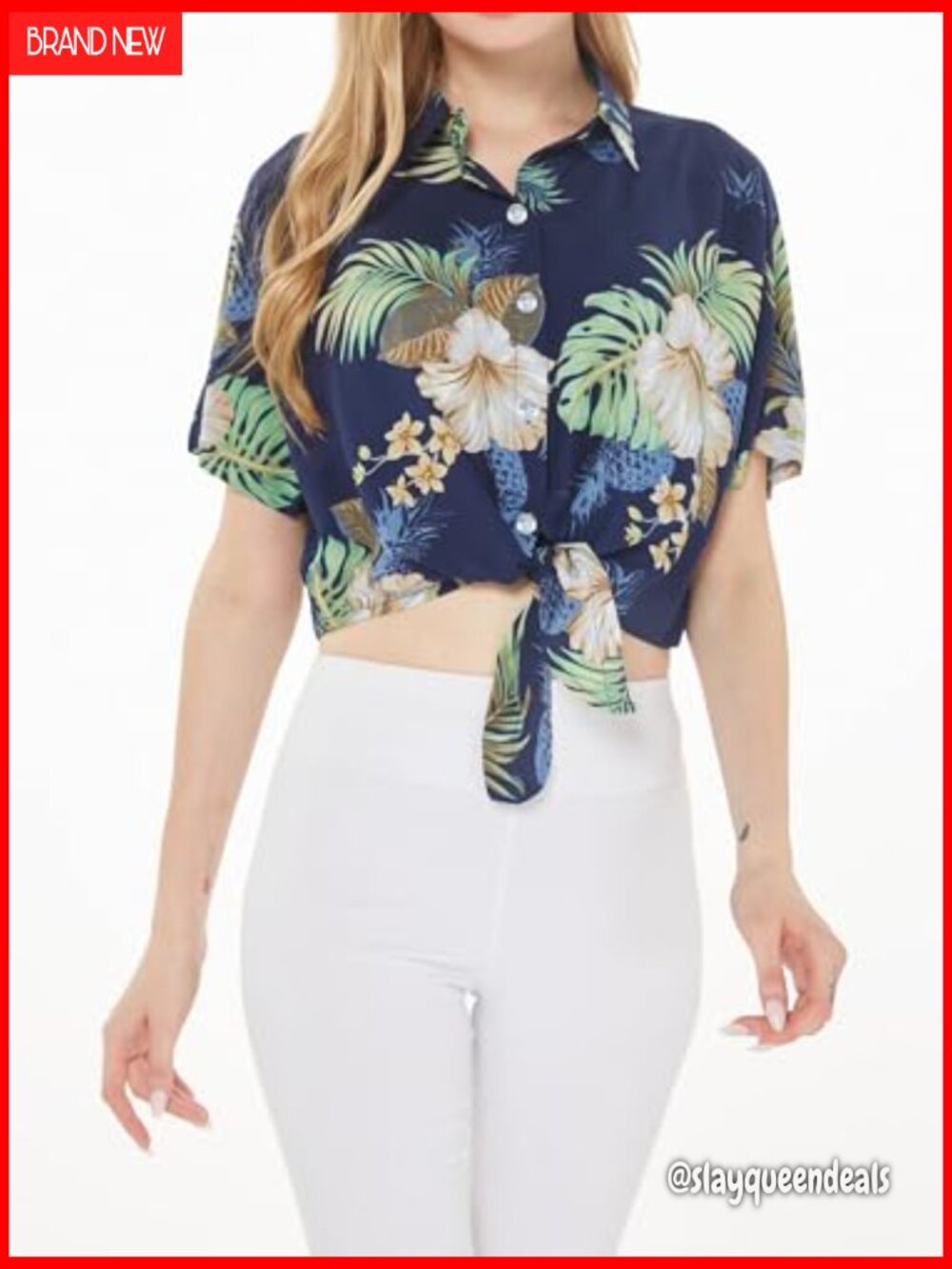 Printed Button Down Crop Top - Short Sleeve Blouse with Tie-Up Front - Picture 2 of 6